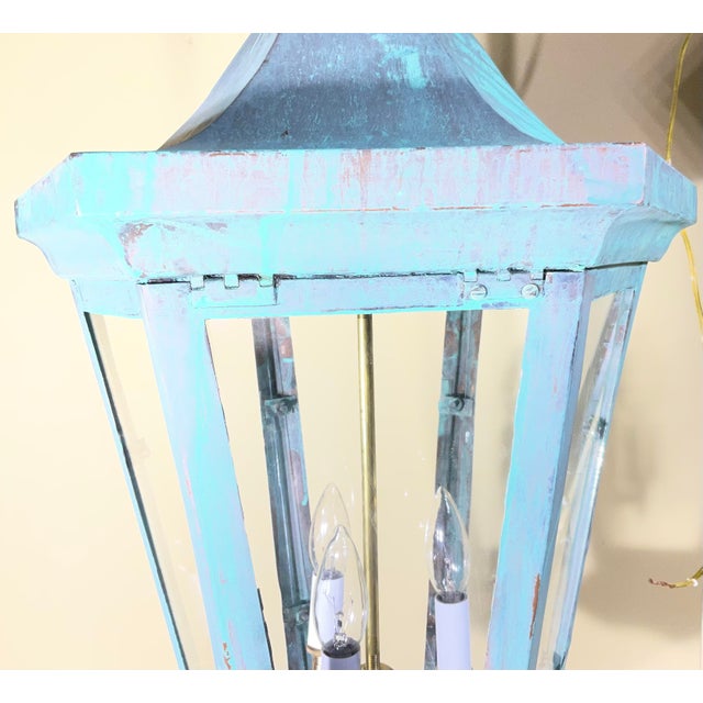 Large Vintage Solid Brass Hexagonal Lantern – Verdigris Patina For Sale - Image 13 of 13