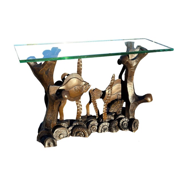 Coastal Aquatic Marcel Bouraine "Turbot" Bronze Art Deco Console Table by Phyllis Morris For Sale - Image 3 of 11