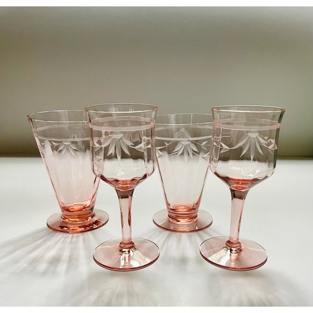 Vintage Pink Glassware Set- 2 Wine Glasses & 2 Footed Tumblers For Sale - Image 4 of 12