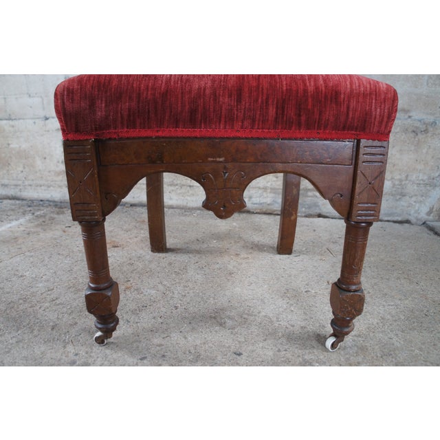 Mid 20th Century 2 Victorian Gothic Revival Walnut Carved Throne Chairs Tufted Red Velour Pair For Sale - Image 12 of 12