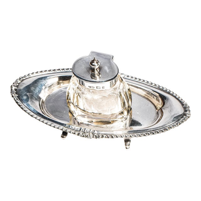 Lovely Edwardian English Antique Sterling Silver Crystal Inkwell Pen Tray Desk Office Home Decor For Sale