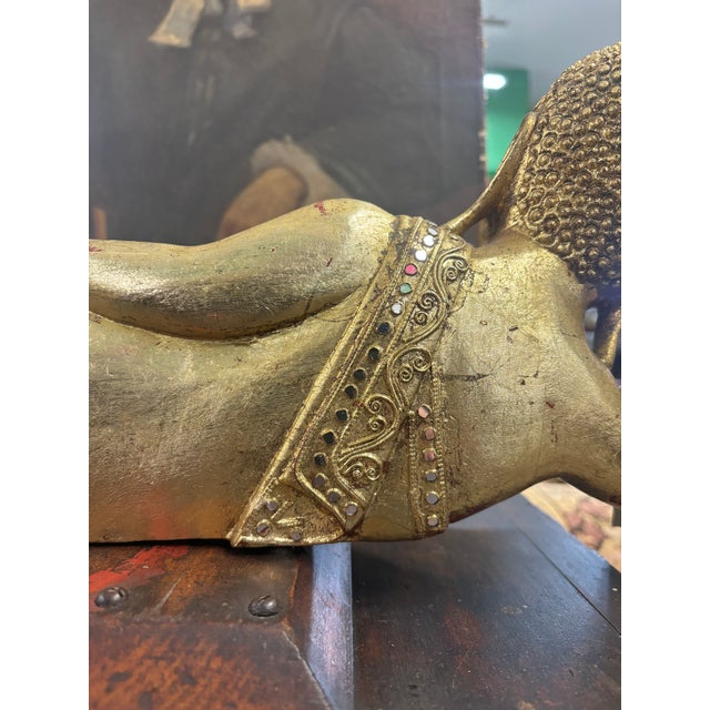 1970s Hand Carved Reclining Buddha Giltwood For Sale - Image 5 of 9