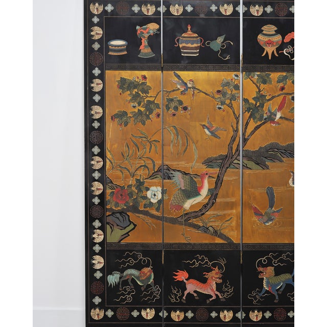 Chinese Export Lacquered Gilt Coromandel Screen Cranes and Ducks For Sale - Image 4 of 18