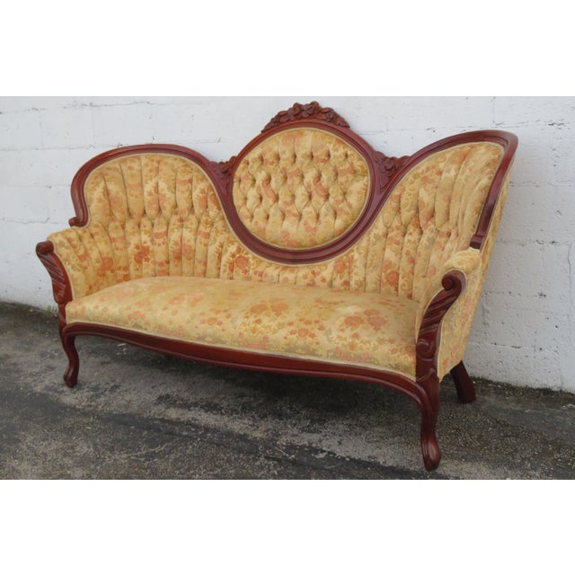 Victorian Mid 20th Century Victorian Kimball Carved Solid Mahogany Sofa Couch 6219 For Sale - Image 3 of 18