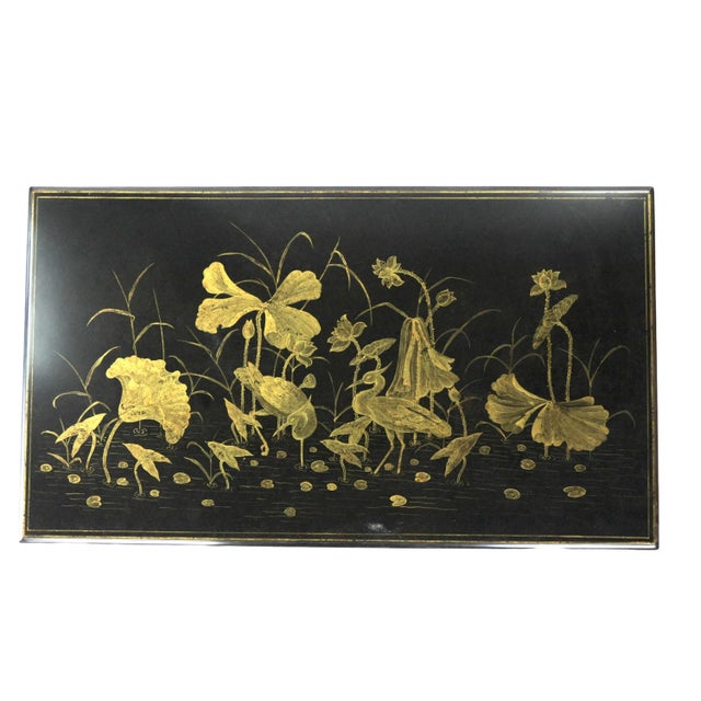 Japanese Black Hand-Painted Golden Chinese-Style Lotus Coffee Table For Sale - Image 3 of 10