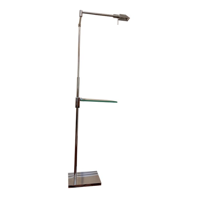 1970s Italian Postmodern Chrome & Glass Floor Swing Arm Adjustable Lamp With Pharmacy Shade and Relco Milano Dimmer For Sale