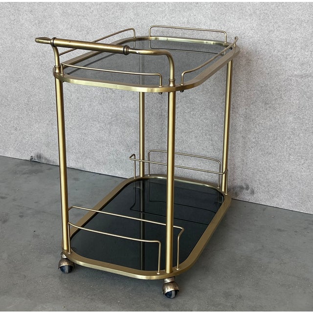 Art Deco Brass Dry Bar Cart With Smoked Two Tier Glass For Sale - Image 9 of 12