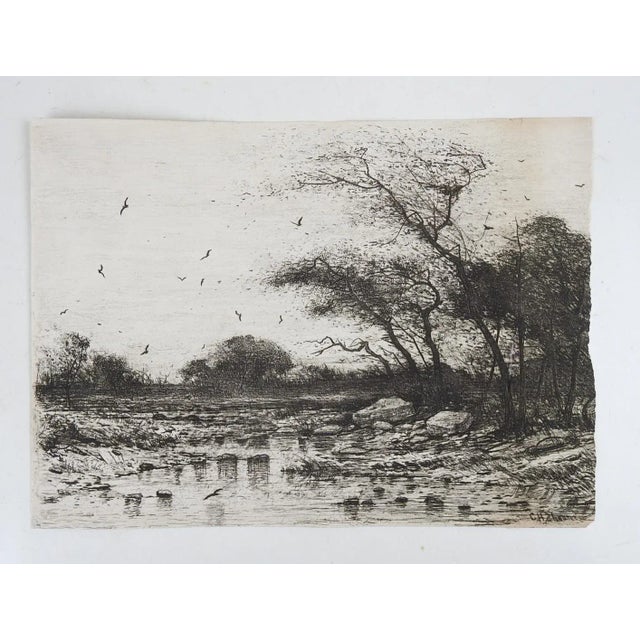 Late 19th century etching on paper rocky pond landscape. Signed illegibly lower right corner. Unframed, right edge has...