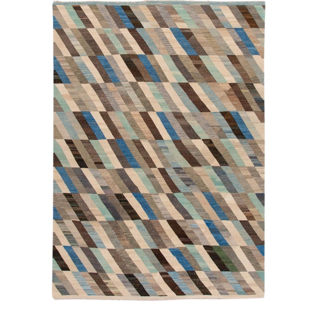 Contemporary Kilim Flatweave Multicolor Geometric Abstract Wool Rug For Sale