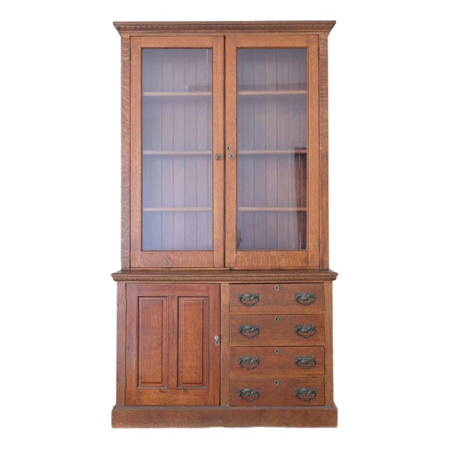 Antique English Oak Glazed Bookcase | Circa 1910 For Sale