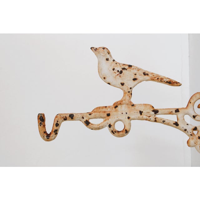 Vintage garden decor with perched bird and decorative hook. Includes hanging hardware.