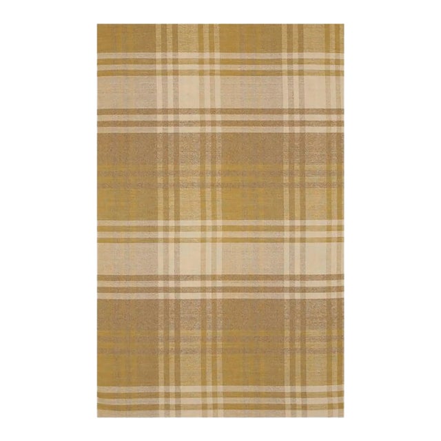 12x15 Yellow Hand-Knotted Wool Golden Plaid Weave Geometric Modern Carpet Rug For Sale