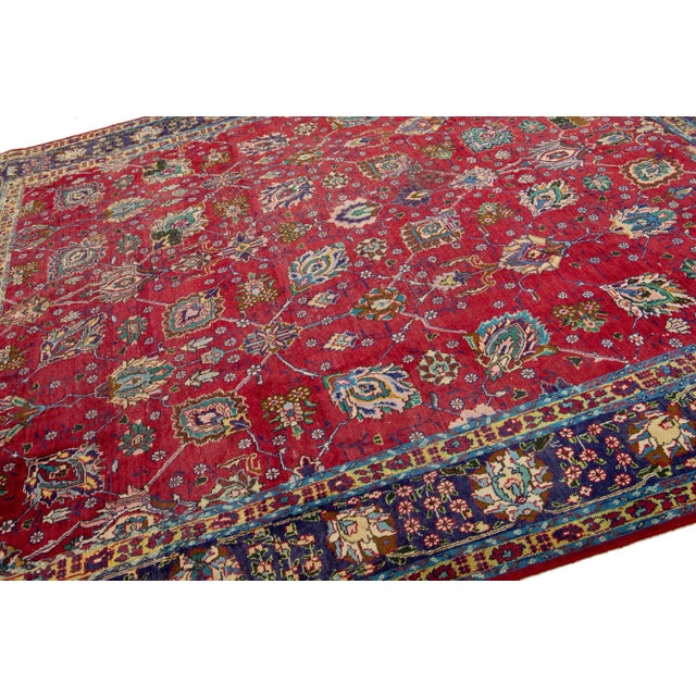 Persian 1960s Vintage Floral Tabriz Persian Wool Rug in Red For Sale - Image 3 of 7