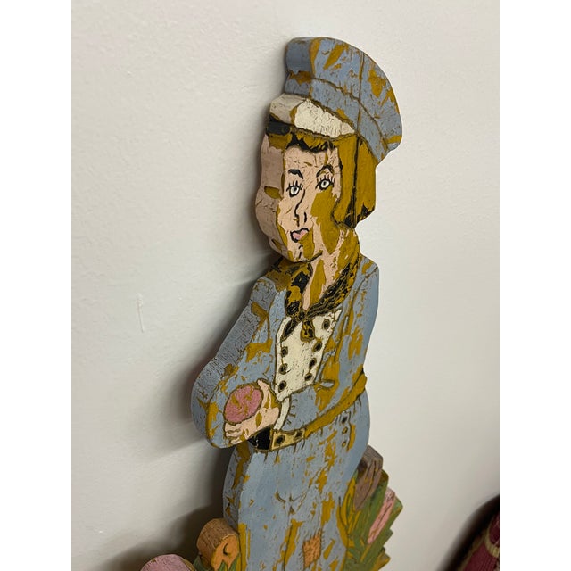 Vintage Folk Art Painted Wood Garden Figure Sculpture on Stand, Hand Carved Decorative Cutout For Sale - Image 9 of 12