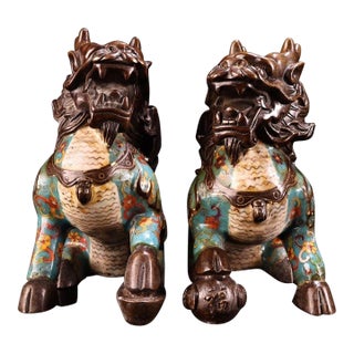 Pair of Gilt Cloisonne Enamel Qilin Figures – 7.9" Mythical Beast Statues For Sale