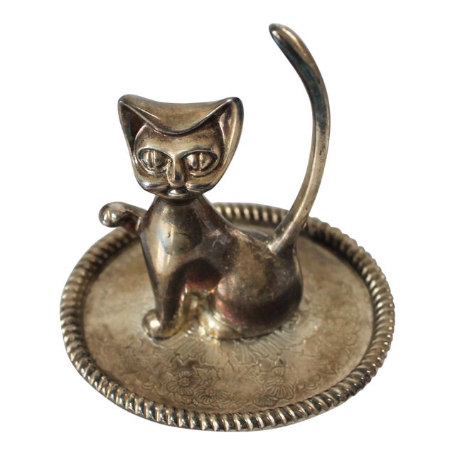Vintage Silver Plate Cat Ring Holder For Sale
