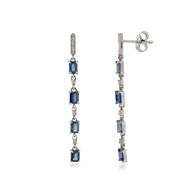 Contemporary Contemporary 14k Gold Linear 1.78Ct Sapphire Drop Earrings With Diamonds- 2 Pieces For Sale - Image 3 of 10