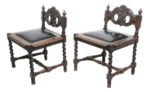 Pair of Antique Oak Barley Twist Accent Chairs C. 1900's
