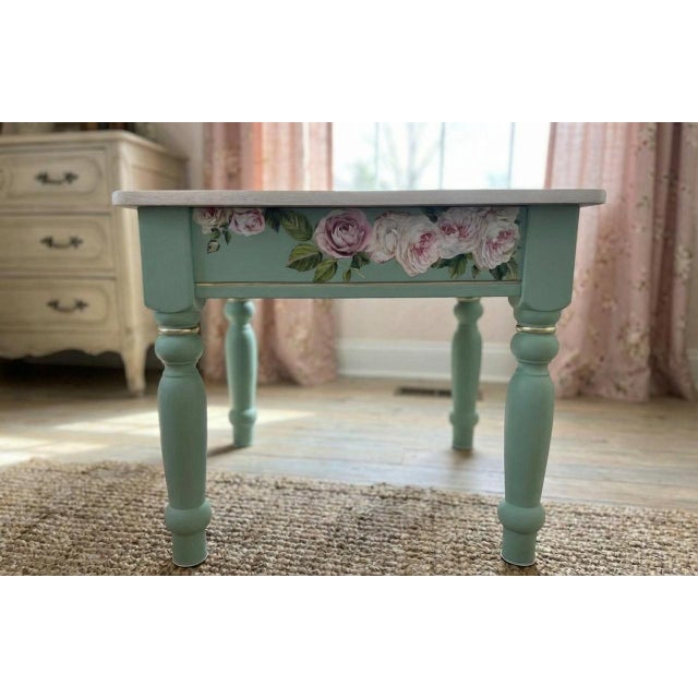 2020s Pair of Hand-Refinished End Tables With Custom Soft Green Finish and Floral Detail For Sale - Image 5 of 10