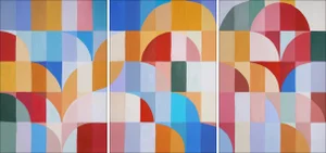 2024, Bauhaus Geometric Triptych of "Postcard From Palermo", Acrylic Painting on Watercolor Paper by Natalia Roman