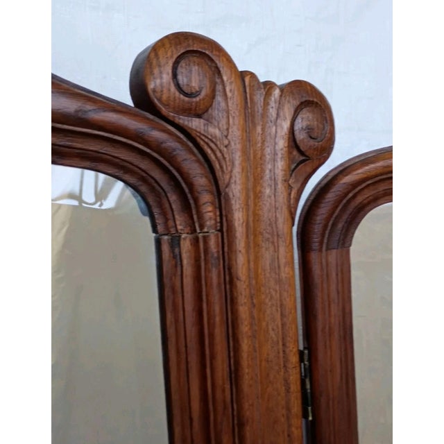 Brown Antique French Tiger Oak Cheval Dressing Mirror Three Panel Beveled Glass 1900s For Sale - Image 8 of 13