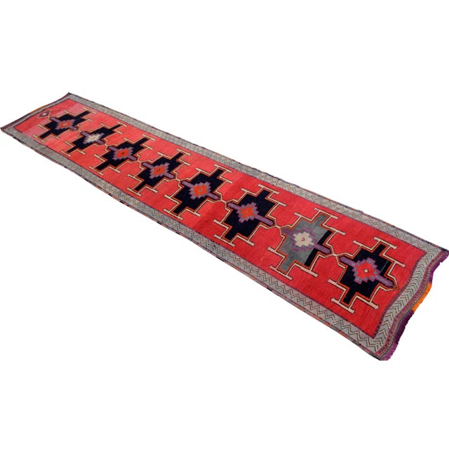 Hand-Knotted Turkish Rug Low Pile Tribal Runner Rug - 3' X 13' For Sale - Image 6 of 12