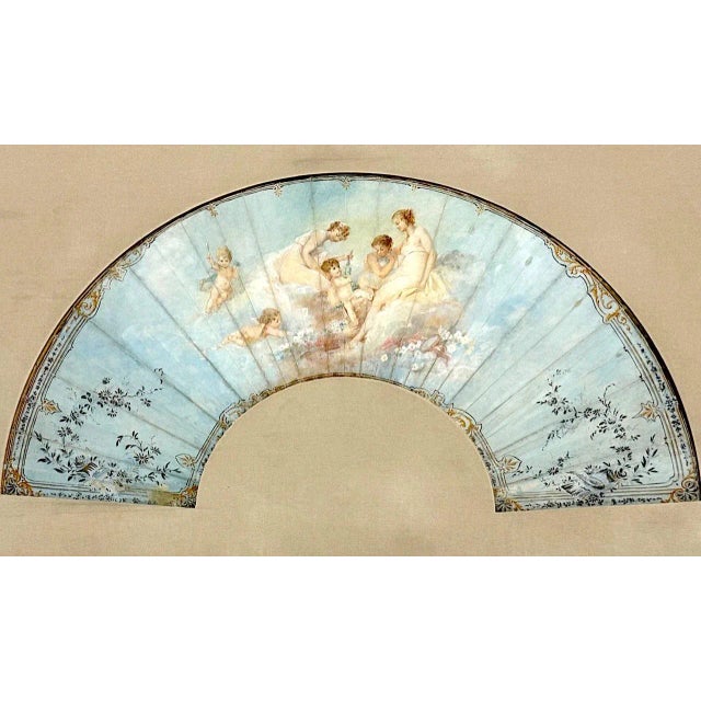 Very early paper or parchment fan of the period, Louis XV, very finely hand painted in gouache, pen & ink portraying...