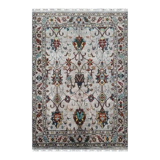 Ziegler Design Area Rug, Hand-Knotted Wool, Floral, 5x7, Silver & Teal For Sale