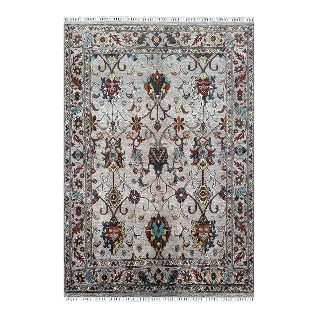 Ziegler Design Area Rug, Hand-Knotted Wool, Floral, 5x7, Silver & Teal For Sale