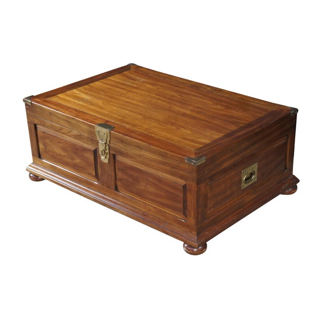 Vintage Campaign Style Coffee, Cocktail Table or blanket chest, circa 1980s. Features a rectangular frame made from...