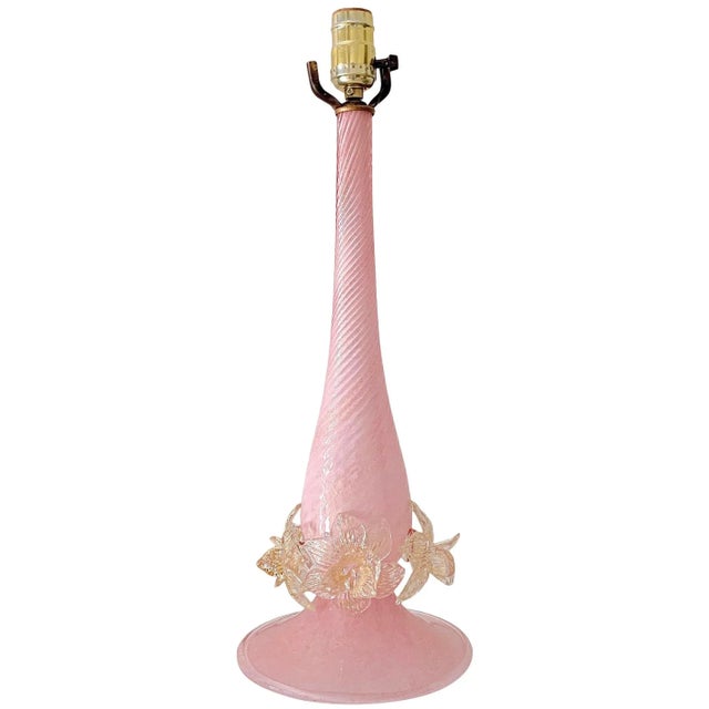1950s Barovier & Toso Murano Glass Table Lamp – Pink & Gold Flecked With Sculpted Flowers For Sale - Image 11 of 11