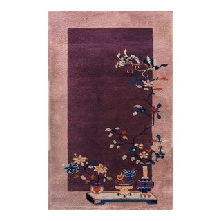 1920s Splendid Plum Ground Flower Design Antique Chinese Art Deco Knotted Rug For Sale
