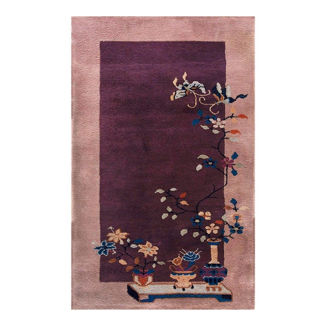 1920s Splendid Plum Ground Flower Design Antique Chinese Art Deco Knotted Rug For Sale
