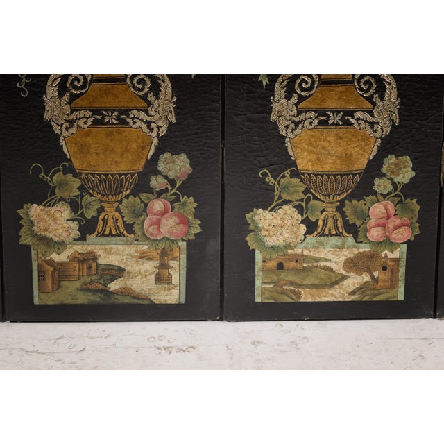Black Lacquer Chinese Four-Panel Screen with Polychrome Floral Décor For Sale - Image 4 of 12