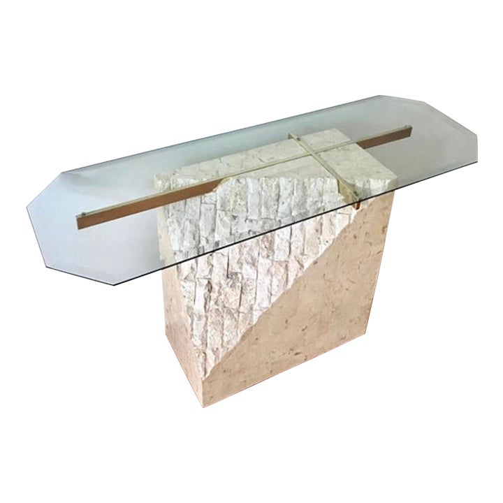 1980s Postmodern Tessellated and Travertine Veneer Sofa Console Table