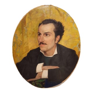 Portrait of Young Man with Mustache - 20th Century - Painting - Modern For Sale