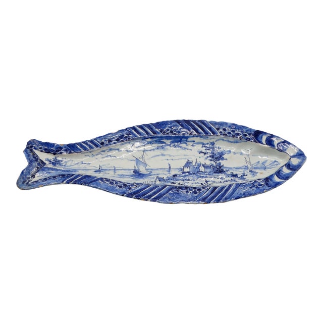 Early Antique Dutch Delft Chinoiserie Herring Fish Dish Plate For Sale