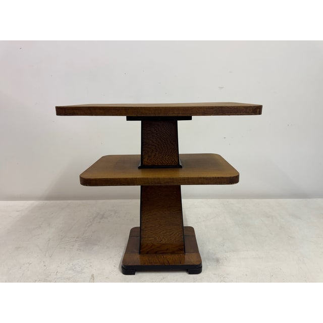 Two tiered console table Art Deco Tiger oak Black painted base Probably Dutch