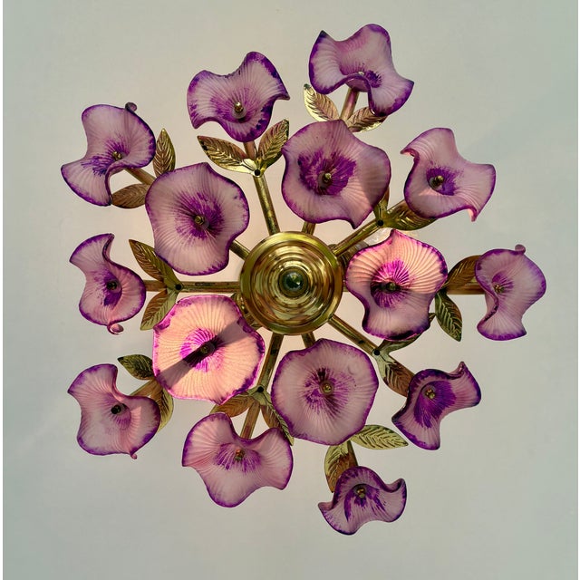 Vintage Hand-Painted Purple Glass Floral Flush Mount Chandelier For Sale - Image 14 of 17