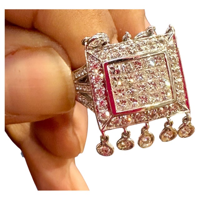 1.9 Ct Micro Pave Diamond 18 Karat White Gold Hanging Diamond Ring Size 6.5 For Sale - Image 17 of 18