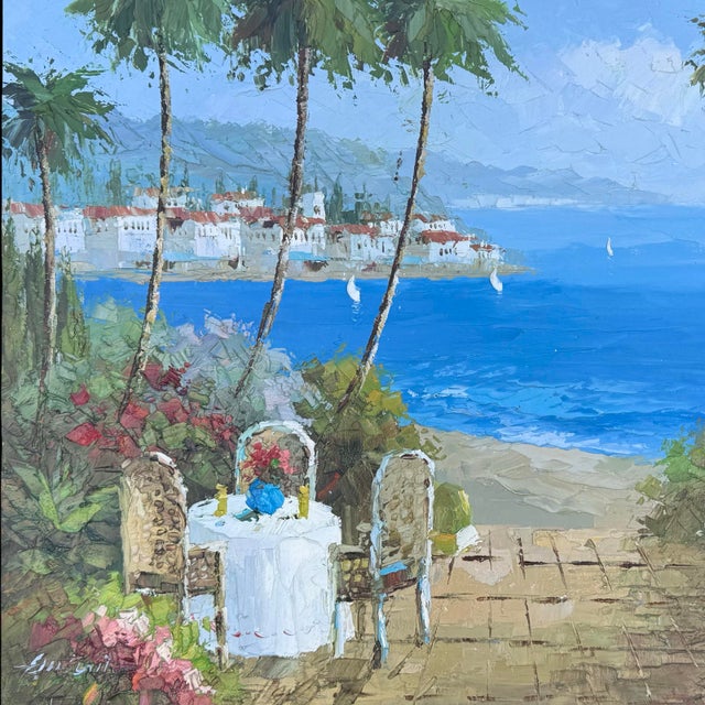 Impressionist Vintage Mediterranean Seaside Signed Oil Painting of Italian Coastal Scene Original For Sale - Image 3 of 8