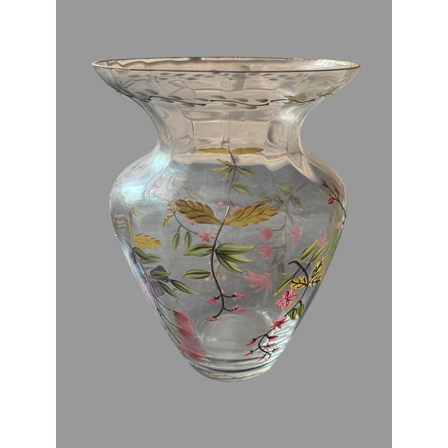 Glass Antique Bohemian Art Glass Vase Hand Painted Enamel Floral Gold Rim 11.5” For Sale - Image 7 of 10