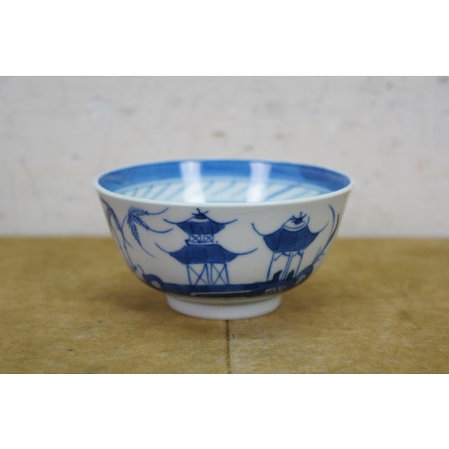 46 Pc Vintage Chinese Export Canton Blue & White Porcelain Pagoda Dinnerware Set For Sale - Image 12 of 15