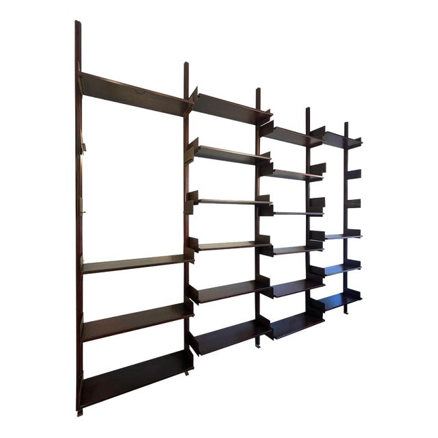 Wooden and Iron Bookshelf with 4 Uprights and Adjustable Shelves, 1970s For Sale