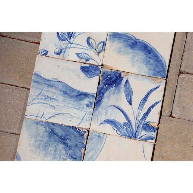 18th Century Portuguese Hand-Painted Landscape Tiles Featuring Botanical Motifs in Cobalt Blue & White, Set of 6 For Sale - Image 4 of 6