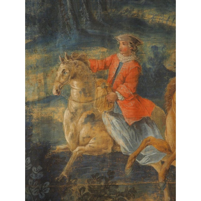 Green A Large 18th Century French Toile Peinte of a Stag Hunt in the Forest For Sale - Image 8 of 17