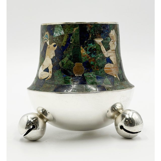 1970s Rare Los Castillo Tripod Vase With Malachite, Lapis, Azurite & Turquoise Inlay For Sale - Image 9 of 18