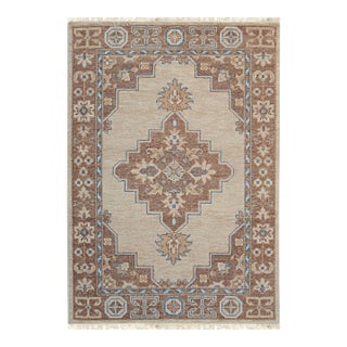 6x9 Ivory Hand-Knotted Wool Framed Medallion Geometric Modern Carpet Rug For Sale
