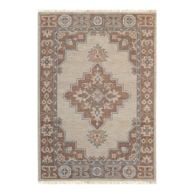 6x9 Ivory Hand-Knotted Wool Framed Medallion Geometric Modern Carpet Rug For Sale