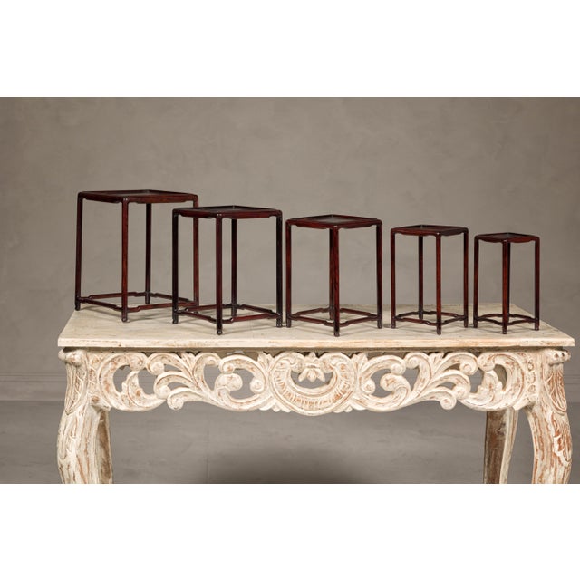 Mid 20th Century Small Size Rosewood Nesting Tables with Humpback Stretchers - Set of 5 For Sale - Image 5 of 12